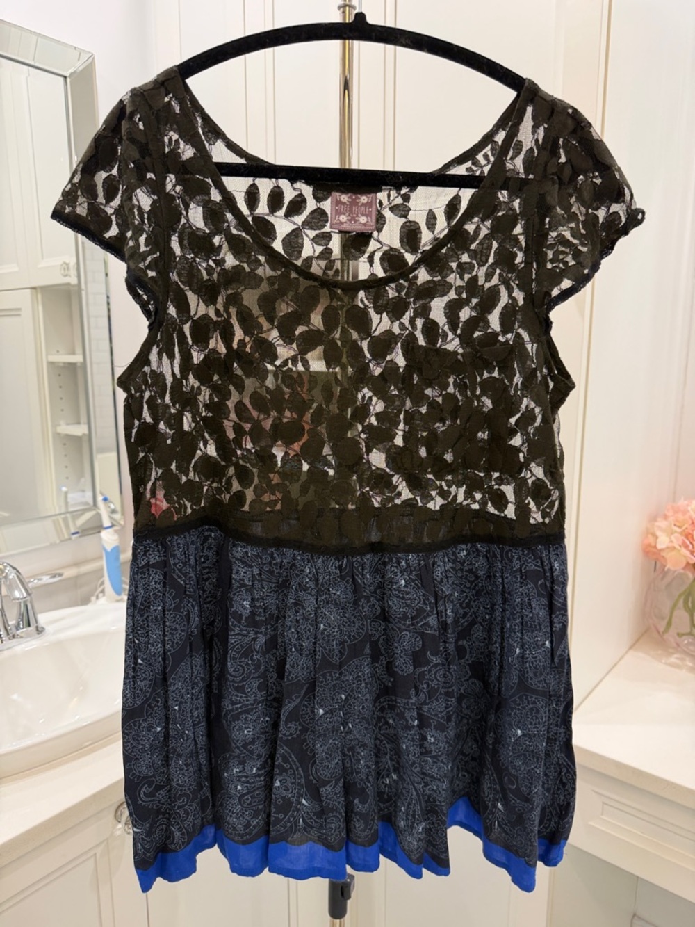 Free People Black Lace Overlay Tunic with Navy Paisley Skirt and Bright Blue Hem